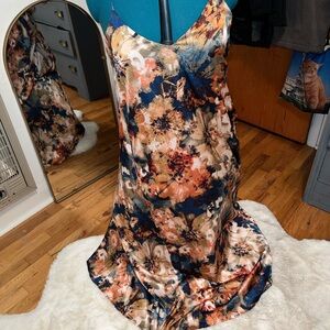 Nicole Miller Floral Maxi Dress - Blue and Orange Floral with Pockets
